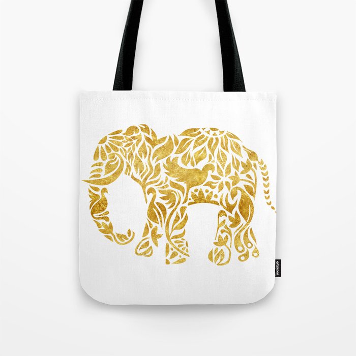Floral Elephant in Gold Tote Bag