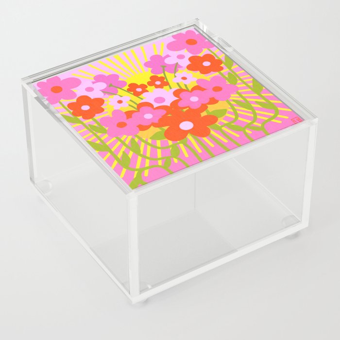Sunny Pink Flowers Ombre Sunshine Illustrated Nature Garden Print Retro Modern Scandi Cheerful Acrylic Box