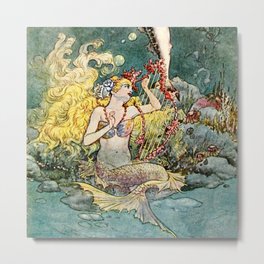 “Mermaid and Harp” by Charles Folkard Metal Print | Harp, Fish, Singing, Mirror, Mermaid, Fable, Painting, Illustrator, English, Duet 