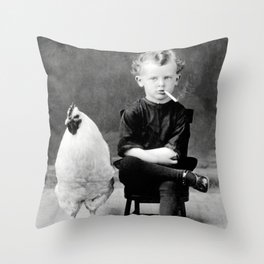 Smoking Boy with Chicken black and white photograph - photography - photographs Throw Pillow