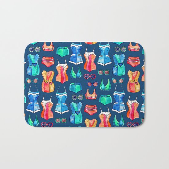 Sixties Swimsuits and Sunnies on dark blue Bath Mat