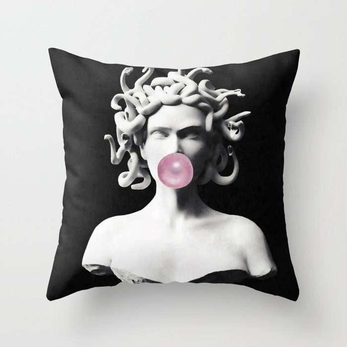Medusa blowing pink bubblegum bubble Throw Pillow