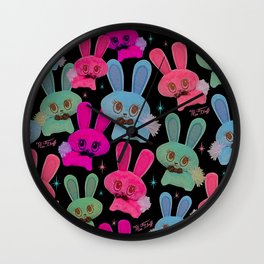Cute Bunnies on Black Wall Clock | Bunnies, Kawaiibunny, Kawaiiart, Retroart, Girlycute, Fluff, Cute, Bunnyart, Rabbits, Kitschy 