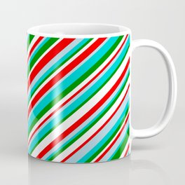 [ Thumbnail: Vibrant Red, Light Blue, Dark Turquoise, Green & White Colored Striped Pattern Coffee Mug ]