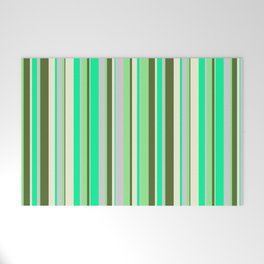 [ Thumbnail: Vibrant Green, Light Grey, Light Green, Dark Olive Green, and Beige Colored Stripes/Lines Pattern Welcome Mat ]