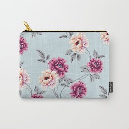 violet and yellow flowers with leaves pattern on blue background Carry-All Pouch