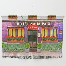 Paris Hotel De La Paix colorful street scene watercolor portrait painting with flower boxes Wall Hanging
