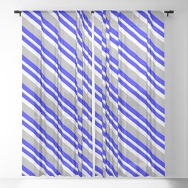 [ Thumbnail: Blue, White, and Dark Grey Colored Lined/Striped Pattern Sheer Curtain ]