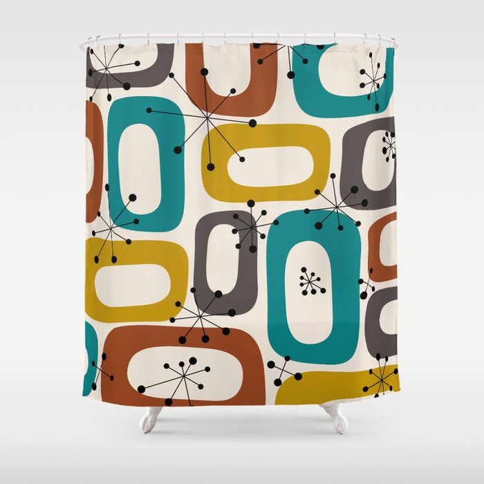 Mid century modern abstract shapes with atomic stars 3 Shower Curtain