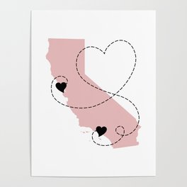 San Francisco to Los Angeles California Long Distance State Map in Pink Poster