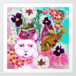 Crazy collage with pink cat Art Print