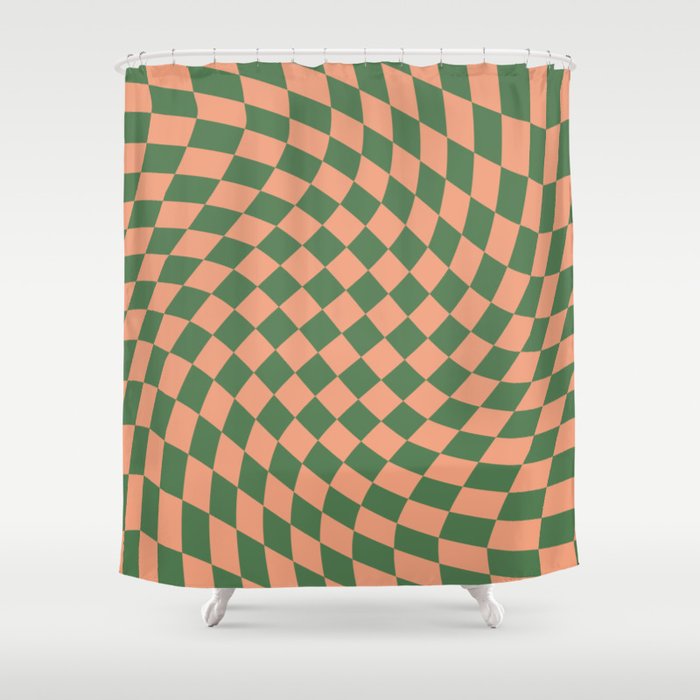 Green and Peach Checker  Shower Curtain