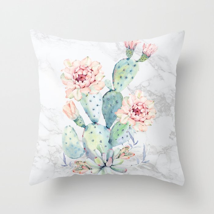 Watercolor Cactus Marble Throw Pillow