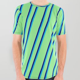 [ Thumbnail: Green, Blue & Deep Sky Blue Colored Stripes Pattern All Over Graphic Tee ]