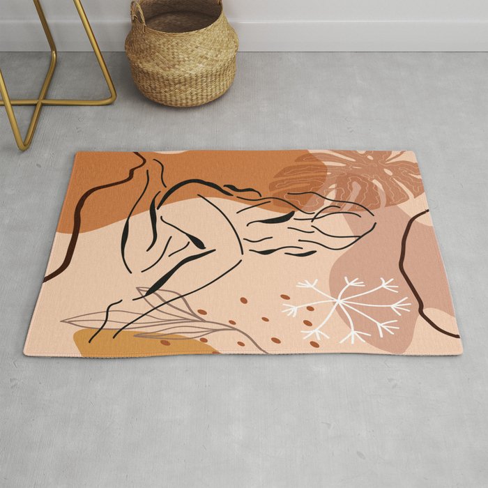 Sensual sitting woman line art, Abstract monstera leaf illustration, Organic floral background Rug