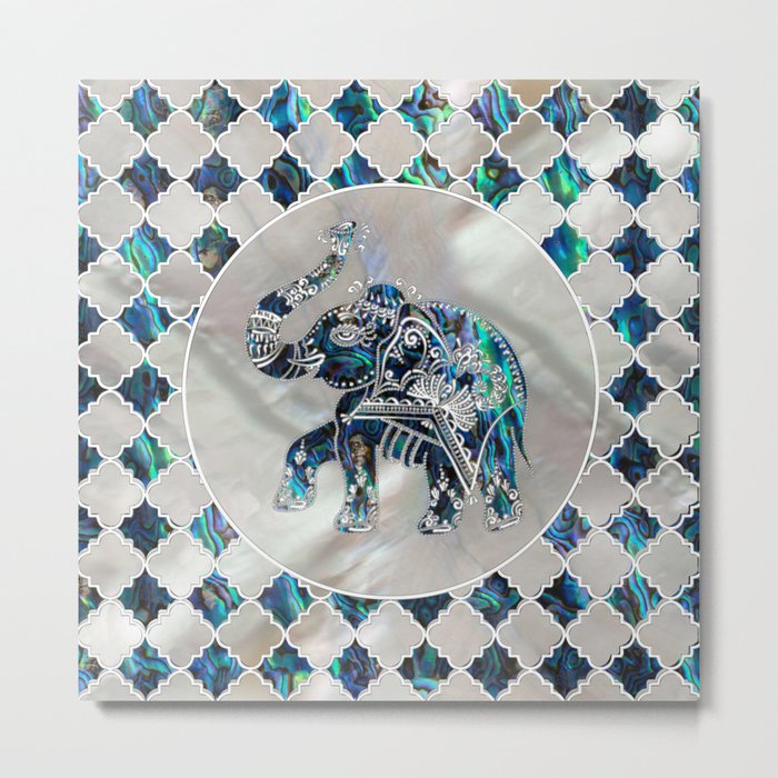 Silver Framed Elephant on Abalone and Pearl Metal Print