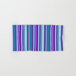 [ Thumbnail: Dark Violet, Dark Cyan, and Powder Blue Colored Lines/Stripes Pattern Hand & Bath Towel ]