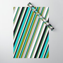 [ Thumbnail: Eye-catching Green, Grey, White, Black & Dark Turquoise Colored Pattern of Stripes Wrapping Paper ]
