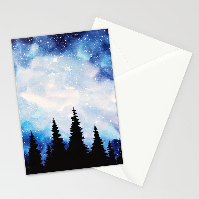 Watercolor Starry Galaxy Forest Painting Stationery Cards By