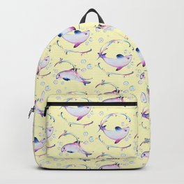 Watercolor Vaquita Kids pattern with rococo pastel scrolls Backpack | Bubbles, Water, Animal, Porpoise, Pattern, Vaquita, Watercolor, Painting, Nursery, Yellow 