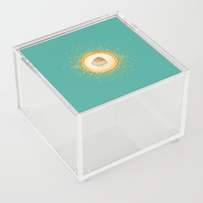 Watercolor Seashell Gold Circle Pendant on Pale Turquoise Green Acrylic Box