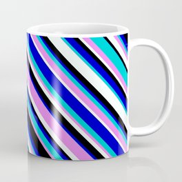 [ Thumbnail: Eyecatching Blue, Dark Turquoise, Violet, Mint Cream, and Black Colored Stripes Pattern Coffee Mug ]