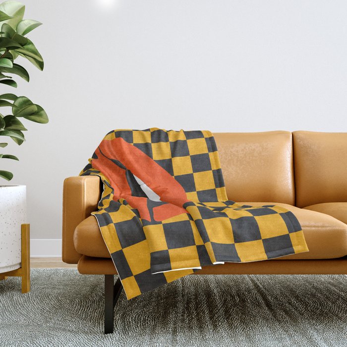 Funky pop-art sexy lips,  black yellow check. Throw Blanket