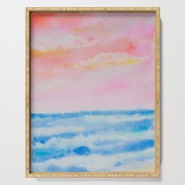 pink sky over oceans Serving Tray