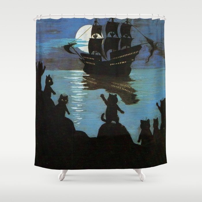 Louis Wain Cat Pirates Galleon In The Moon Light Shower Curtain