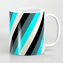 [ Thumbnail: Dark Slate Gray, Cyan, Beige, and Black Colored Lines Pattern Coffee Mug ]