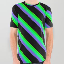 [ Thumbnail: Eye-catching Tan, Lime, Green, Medium Slate Blue & Black Colored Striped/Lined Pattern All Over Graphic Tee ]