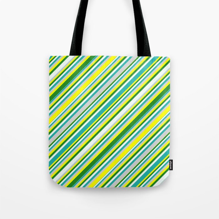 Eyecatching Yellow, Forest Green, Mint Cream, Light Sea Green, and Light Grey Colored Lined Pattern Tote Bag