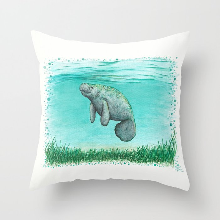 "Mossy Manatee" by Amber Marine ~ Watercolor & Ink Painting, (Copyright 2016) Throw Pillow
