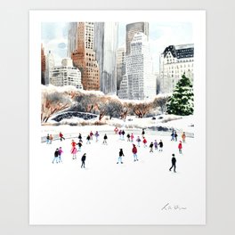 Central Park Ice Skating Art Watercolor Winter Wollman Rink NYC Skyline Art Print