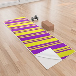 [ Thumbnail: Yellow & Dark Violet Colored Lined Pattern Yoga Towel ]