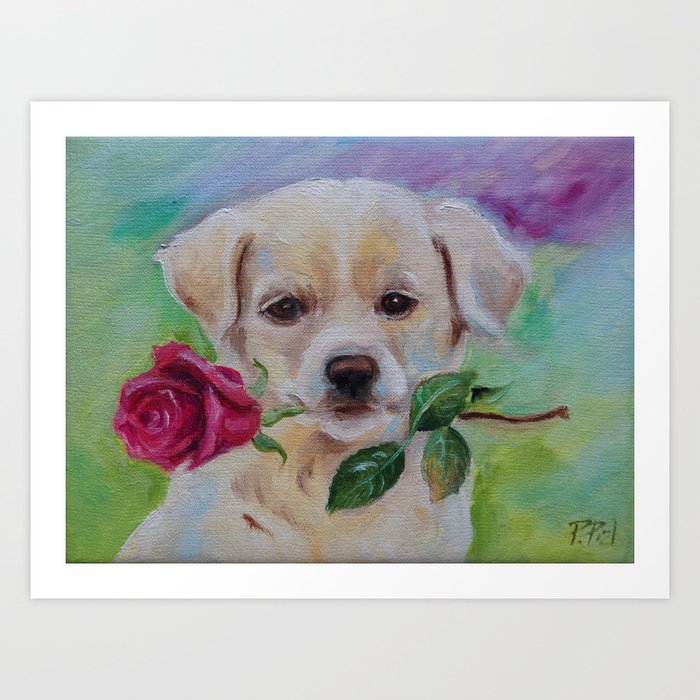 BABE I LOVE YOU Cute Labrador dog puppy with pink rose flower Pet portrait Art Print