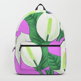 Peace Lily Plant with dark green leaves and white “flowers Backpack