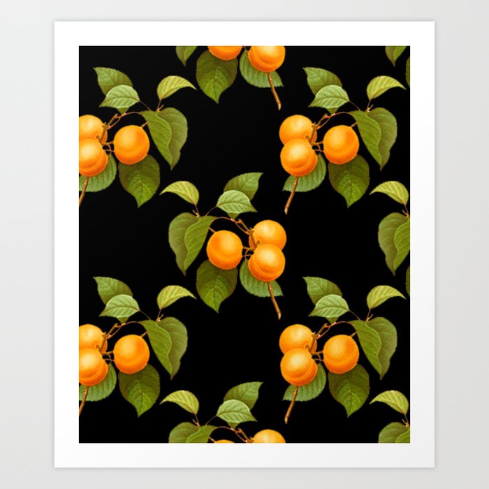 Peach pattern with leaves on a black background Art Print