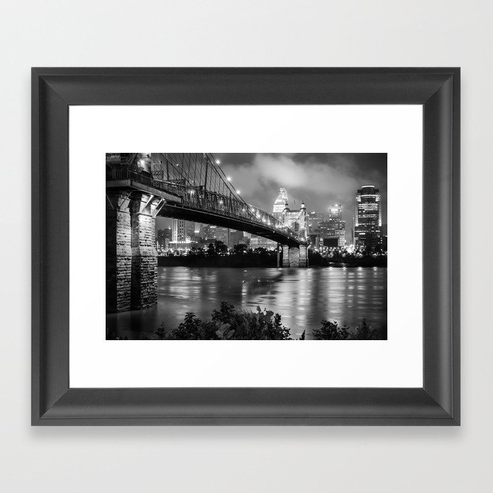Cincinnati Skyline - John Roebling Bridge and Ohio River Framed Art Print