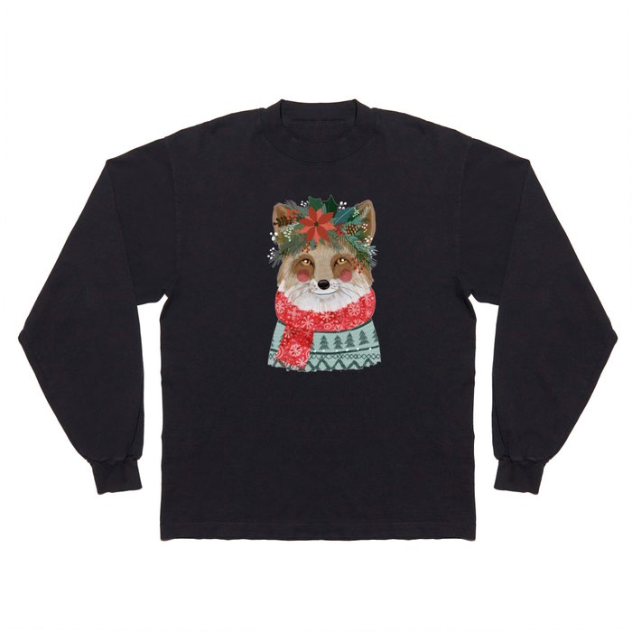 Christmas Fox with Winter floral crown Long Sleeve T Shirt