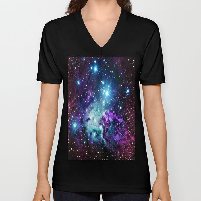 Fox Fur Nebula : Purple Teal Galaxy V Neck T Shirt