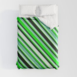 [ Thumbnail: Aquamarine, Mint Cream, Lime, and Black Colored Pattern of Stripes Duvet Cover ]