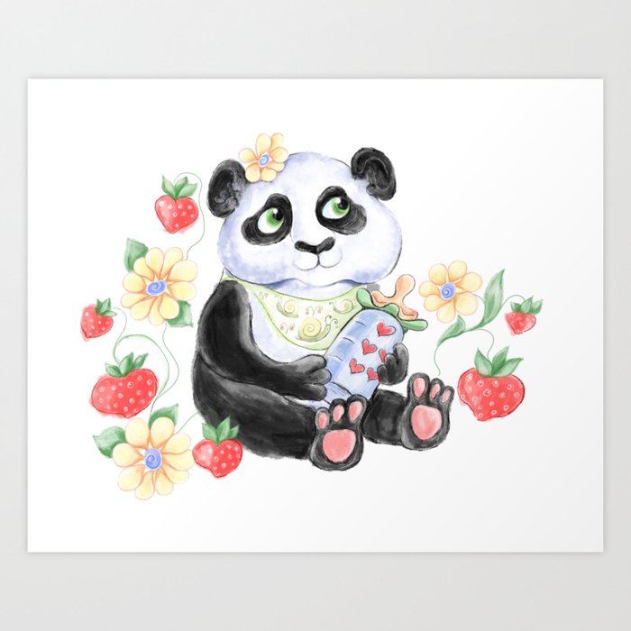 Baby Panda with strawberryes, Girl Baby shower  Art Print