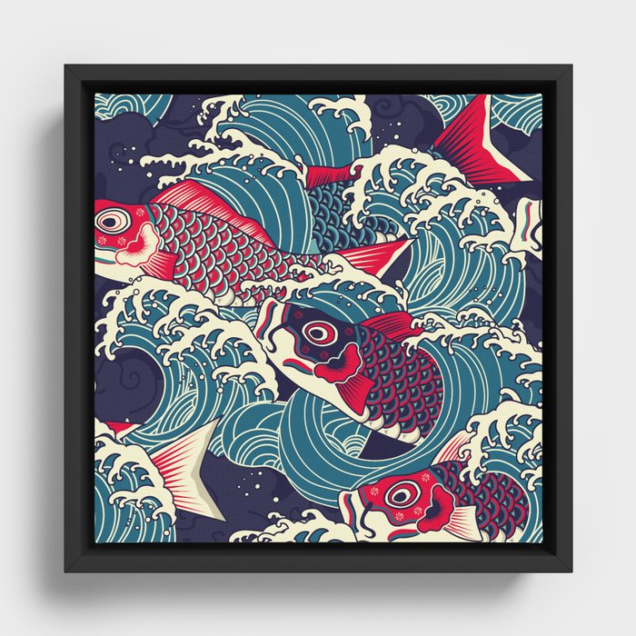 Colorful japanese Koi/carp fish in the wave seamless pattern Framed Canvas