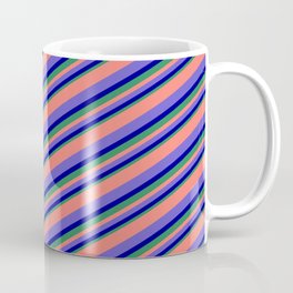 [ Thumbnail: Salmon, Slate Blue, Dark Blue & Sea Green Colored Pattern of Stripes Coffee Mug ]