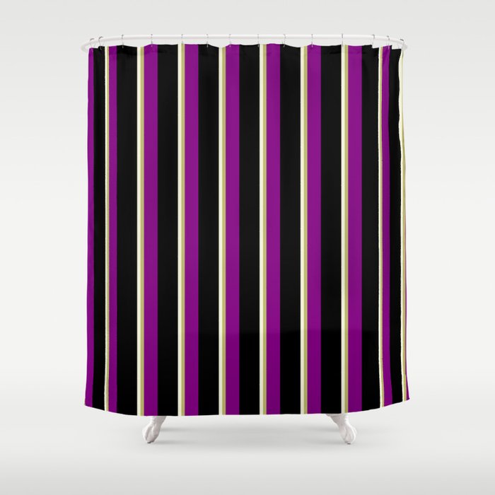 Beige, Dark Khaki, Purple & Black Colored Stripes Pattern Shower Curtain