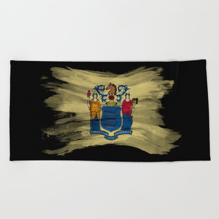 New Jersey state flag brush stroke, New Jersey flag background Beach Towel