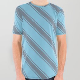 [ Thumbnail: Sky Blue and Light Slate Gray Colored Stripes Pattern All Over Graphic Tee ]