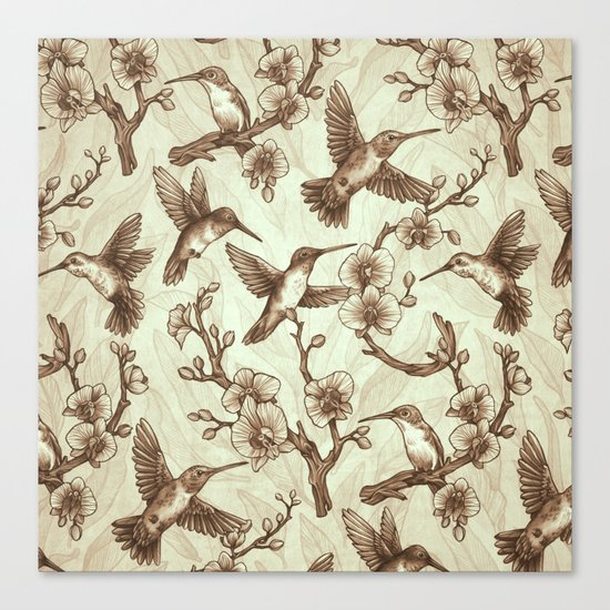 Sepia Hummingbird Pattern Canvas Print