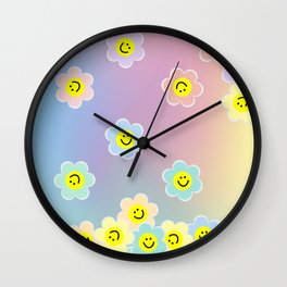 Colourful Pastel Happy Daisies on Pastel Gradient Rainbow Background Wall Clock